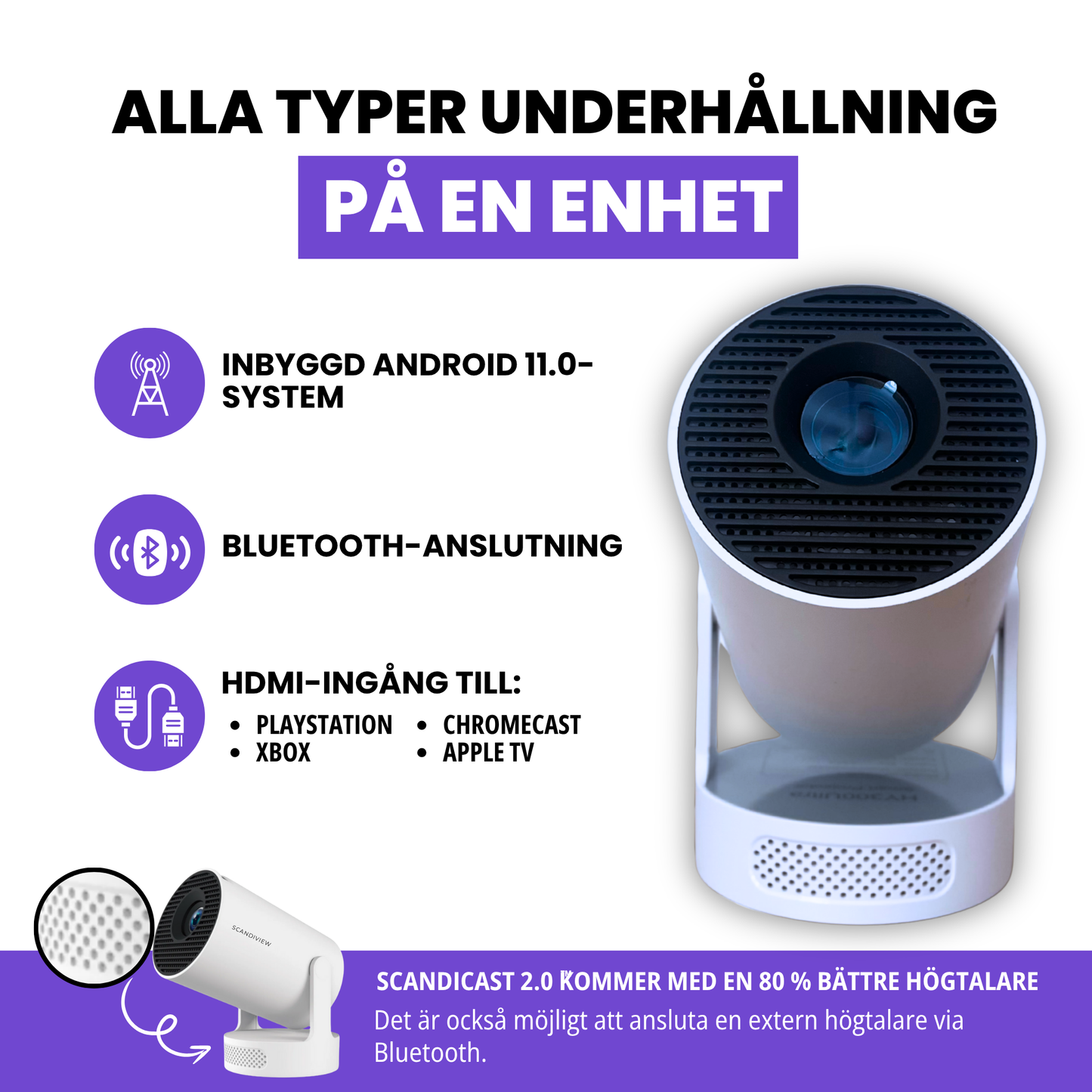ScandiCast 2.0™ Smart Projektor - WiFi & Bluetooth med 4K HD Support